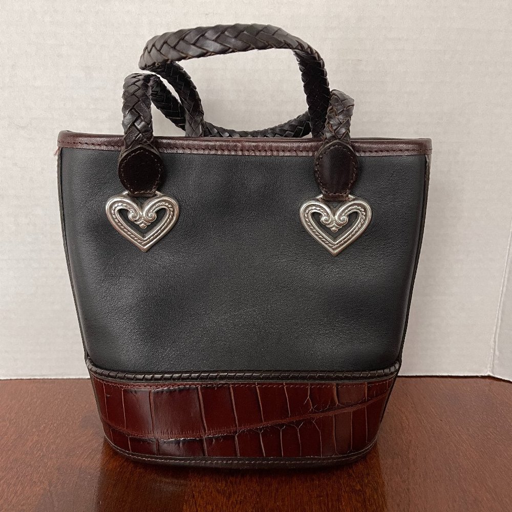 Brighton Mini Tote Black Leather Brown Croc Embossed Trim Silver Hearts